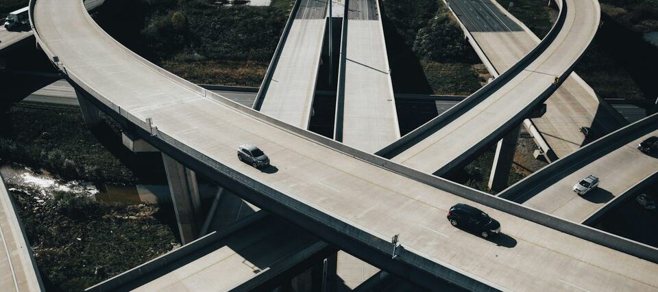 Curving concrete highway ramps stacked above one another